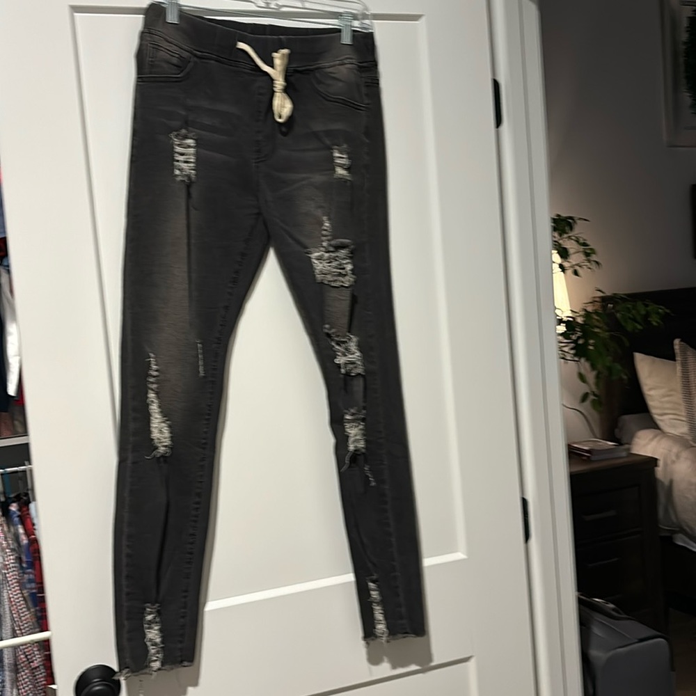 Distressed jean joggers